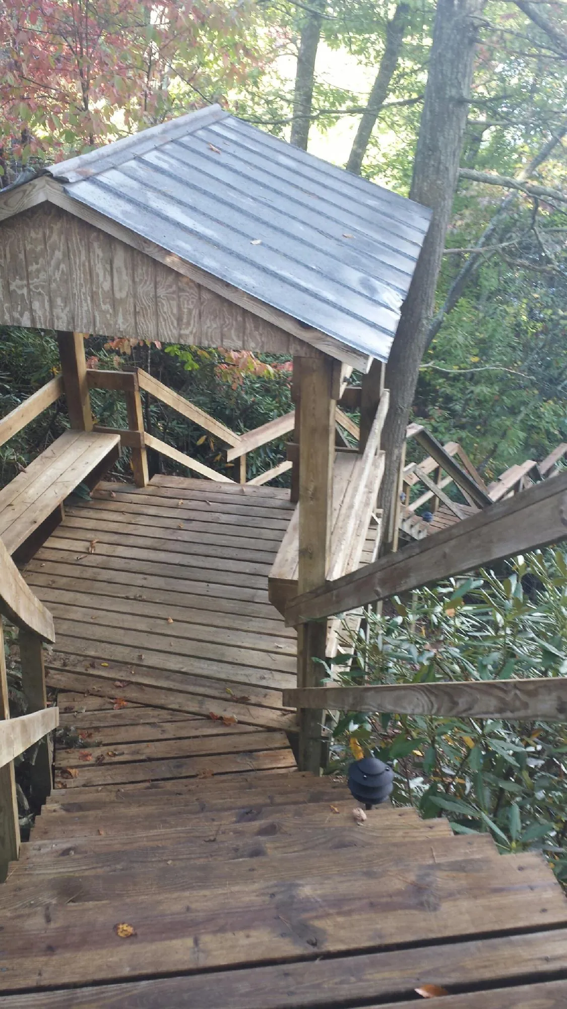 Metal roofed shelter over wooden steps on a wooded walkway — Skylight Repair & Installation work by our crew in Blairsburg